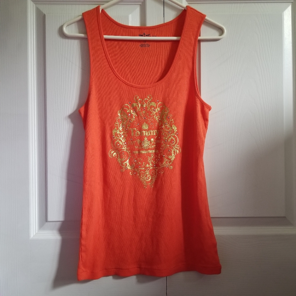 Y2K Tommy Hilfiger Women's Tank Top Large Orange Gold Silver Rhinestones Logo